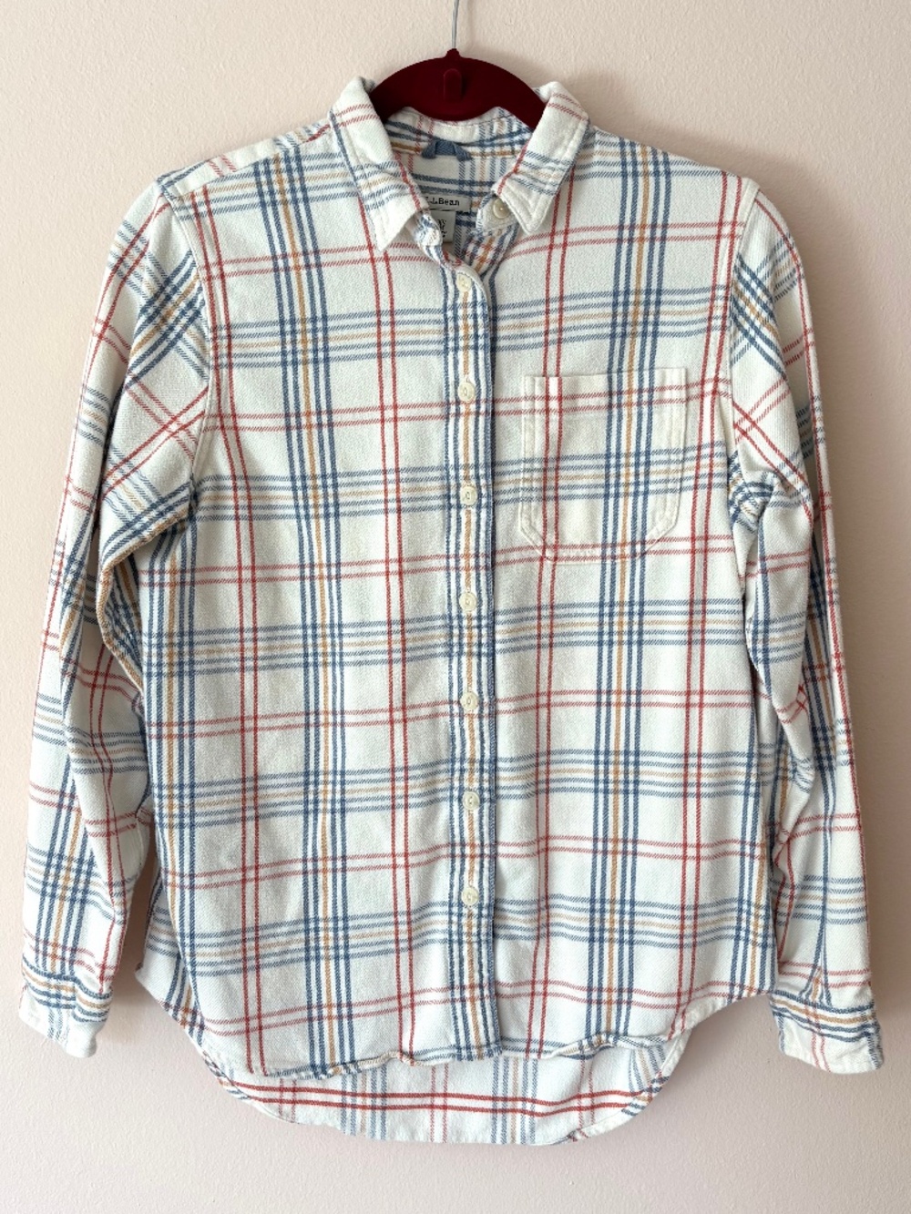 LL Bean Thick Flannel Shirt - 100% Organic Cotton! - cream, coral, blue, gold